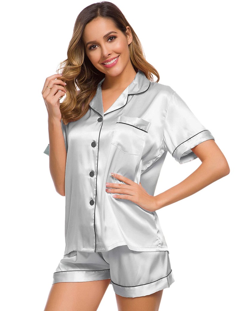 SWOMOG Womens Silk Satin Pajamas Set Two-piece Pj Sets Sleepwear Loungewear Button-Down Pj Sets Grey - Image 4